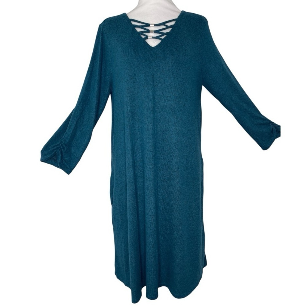 Apt. 9 Teal 3/4 Sleeve Dress V Neck Criss Cross Pockets Casual Lg